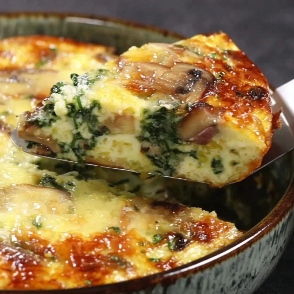 Spinach Mushroom and Feta Crustless Quiche served on a plate