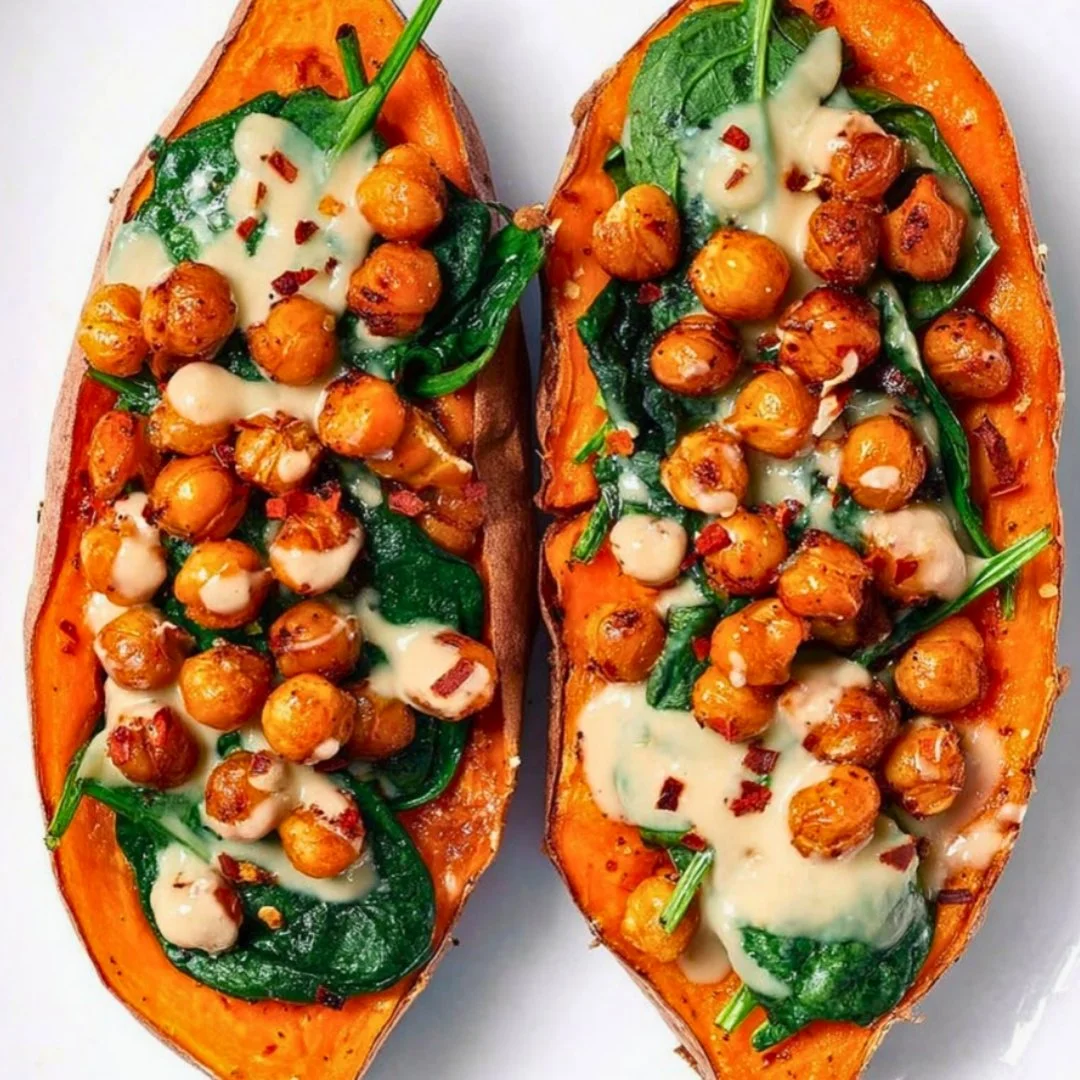 Stuffed sweet potatoes with spinach, crispy chickpeas, and tahini sauce.