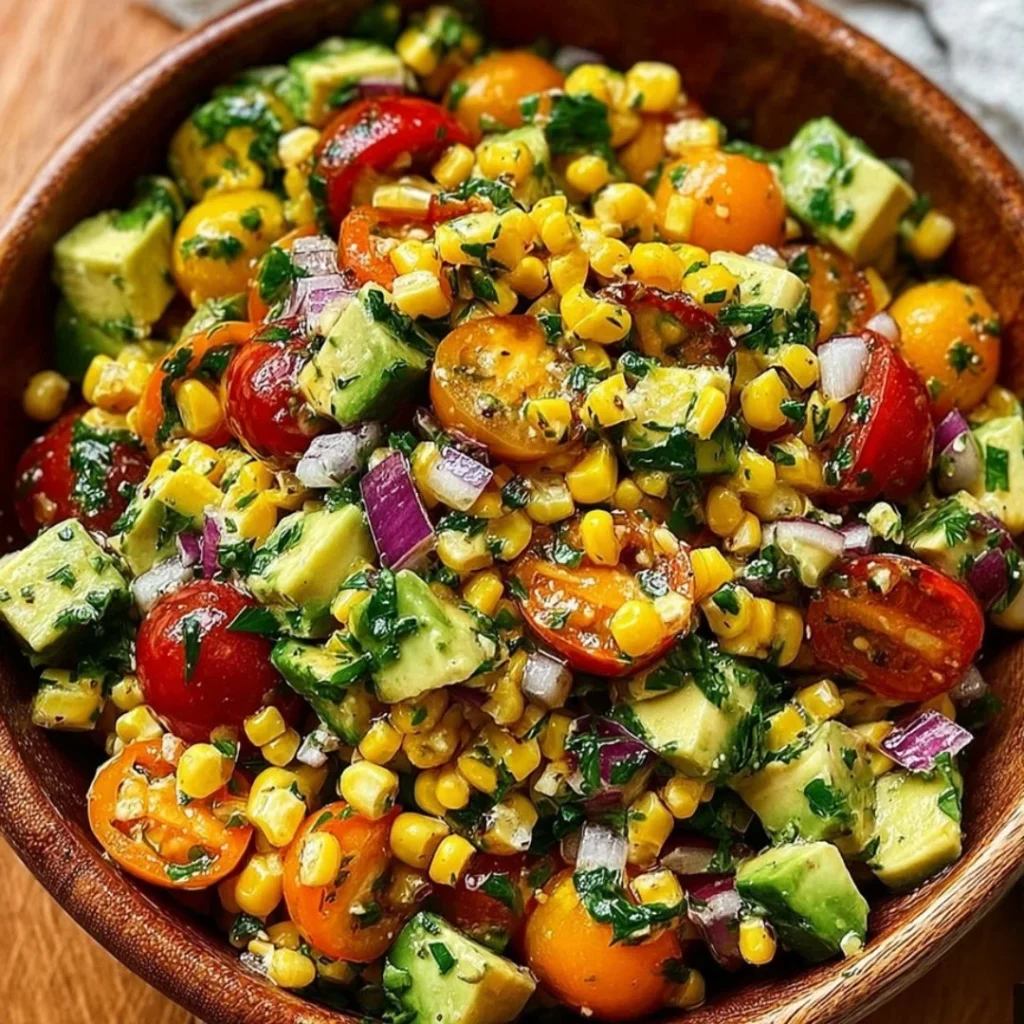 Delicious summer corn salad with fresh vegetables and herbs