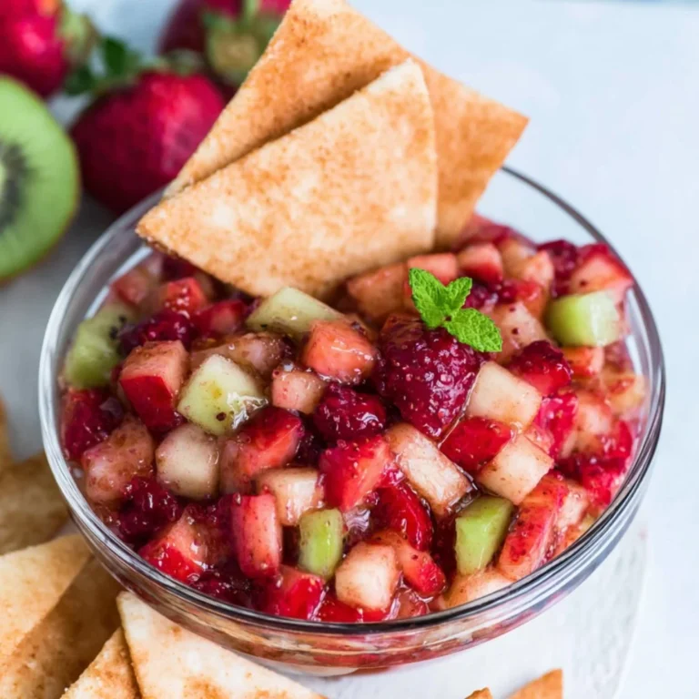 Colorful sweet fruit salad served with cinnamon sugar tortilla chips.