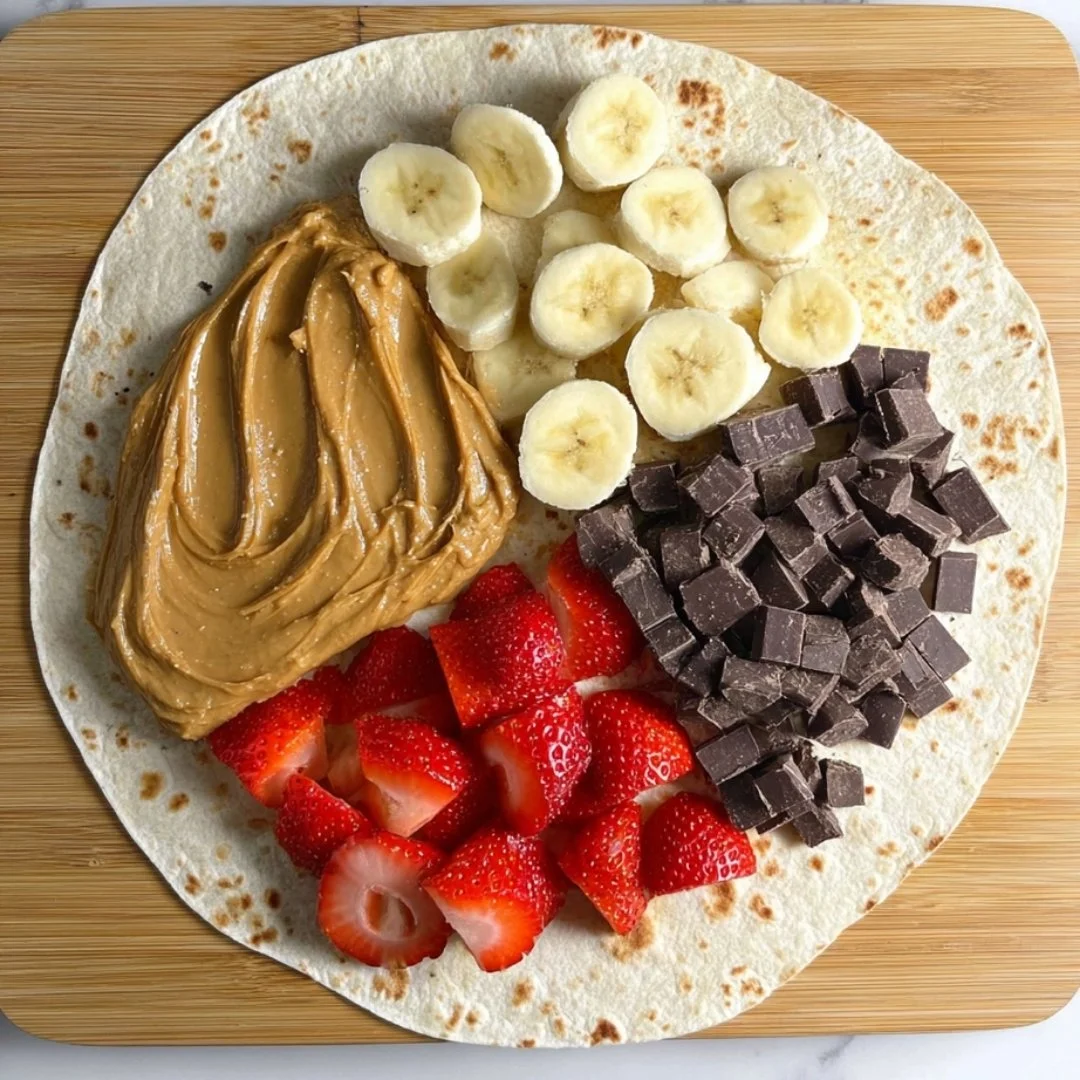 Delicious sweet tortilla wrap filled with fruit and toppings