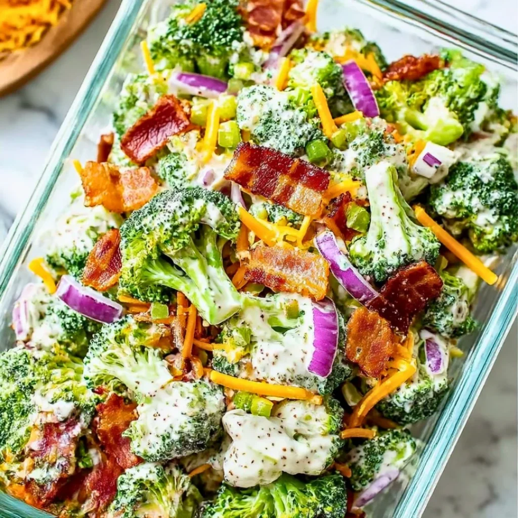 Tasty broccoli salad for meal prep featuring fresh veggies and healthy dressing.