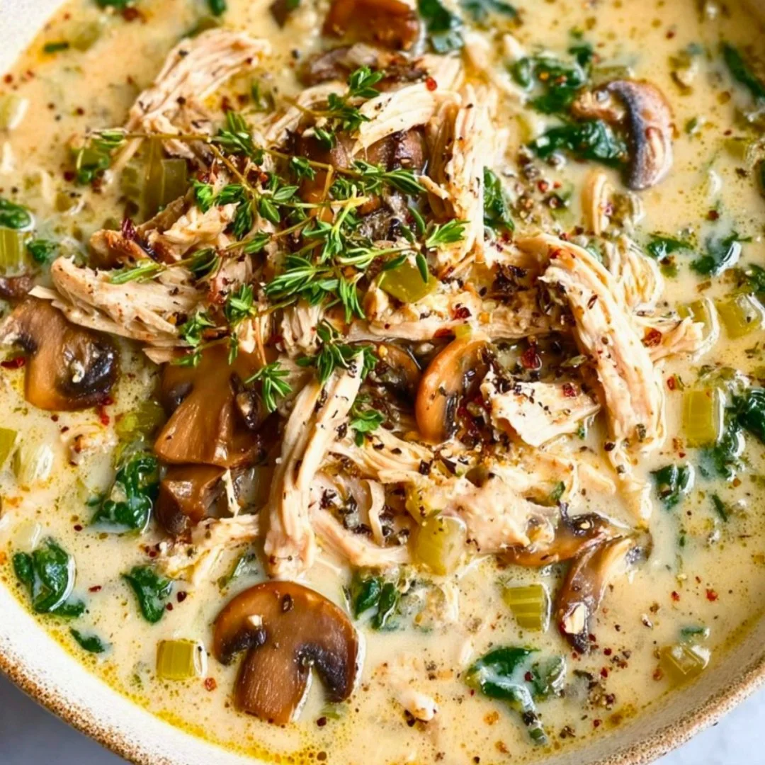 Delicious rotisserie chicken and mushroom soup served in a bowl with herbs.