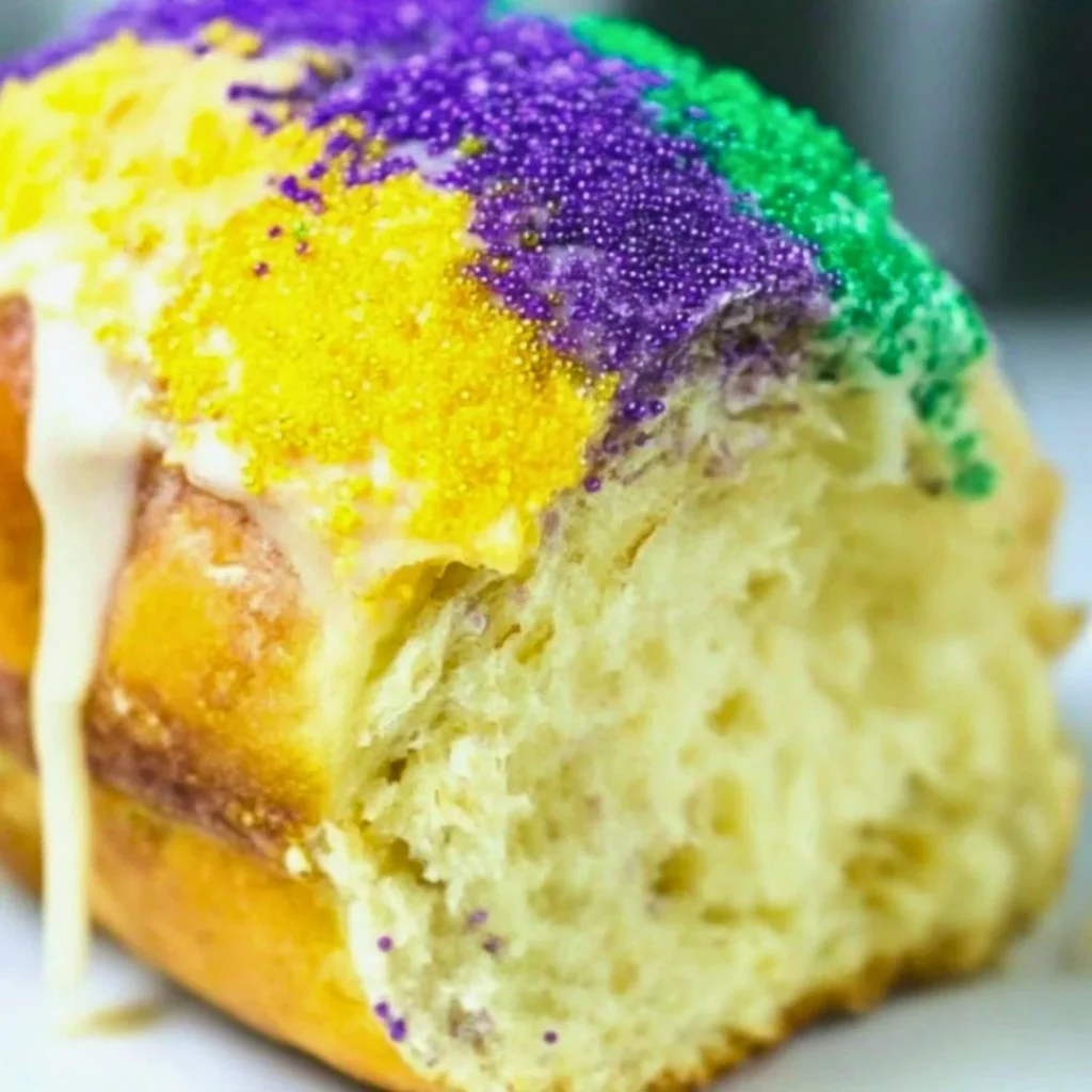 Traditional King Cake decorated with colorful icing for Mardi Gras celebration.