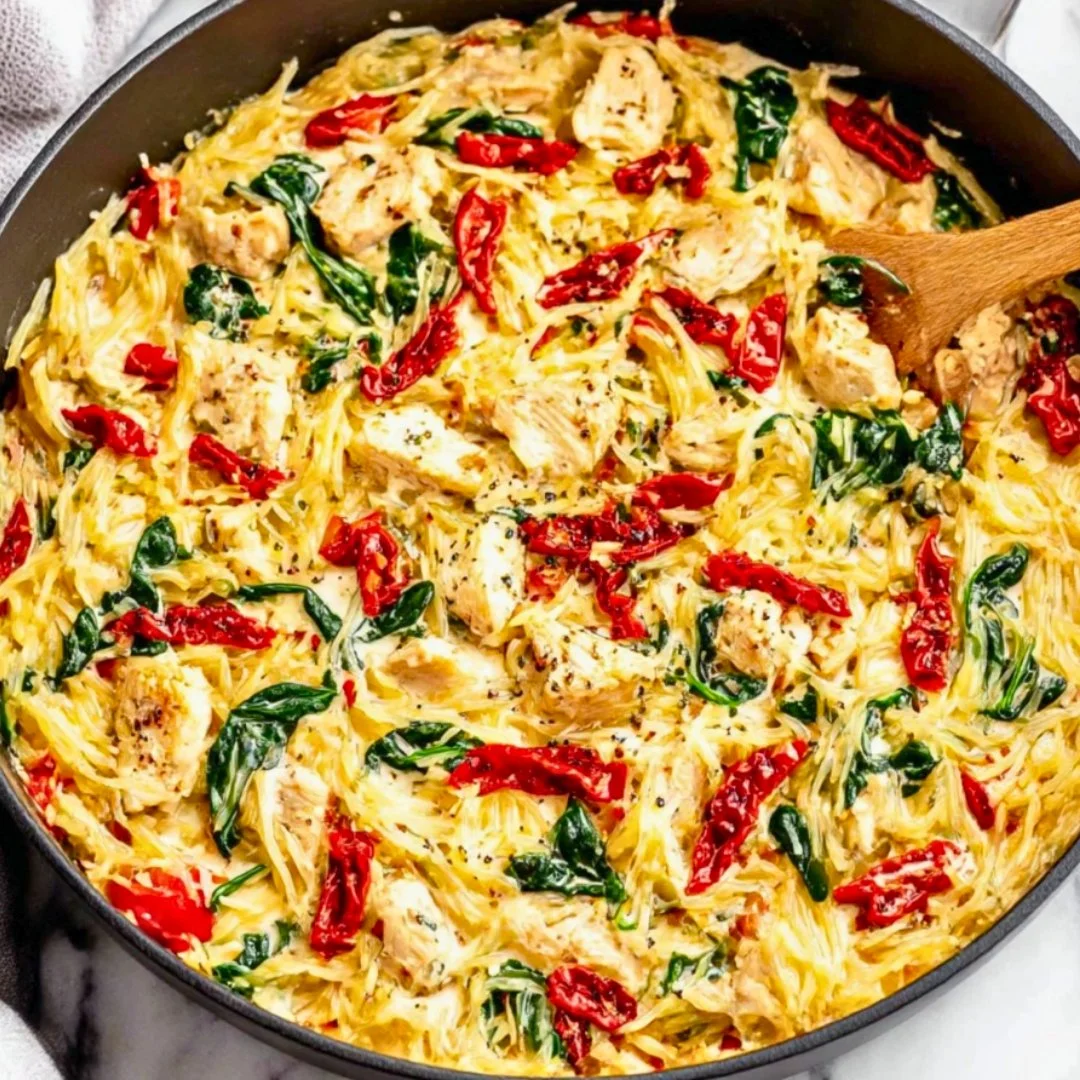 Plate of Tuscan Chicken served with spaghetti squash, garnished with herbs.
