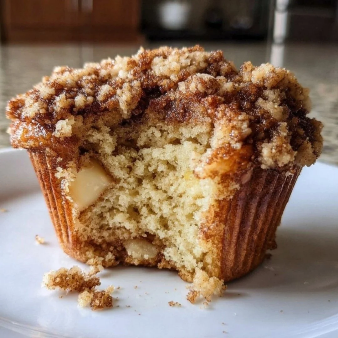 Freshly baked apple cinnamon muffins with streusel topping on a wooden table