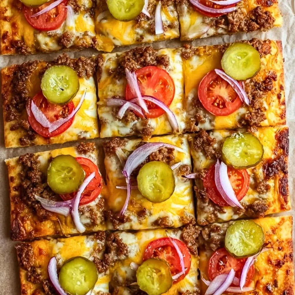 30-Minute cheeseburger flatbreads topped with cheese and fresh ingredients