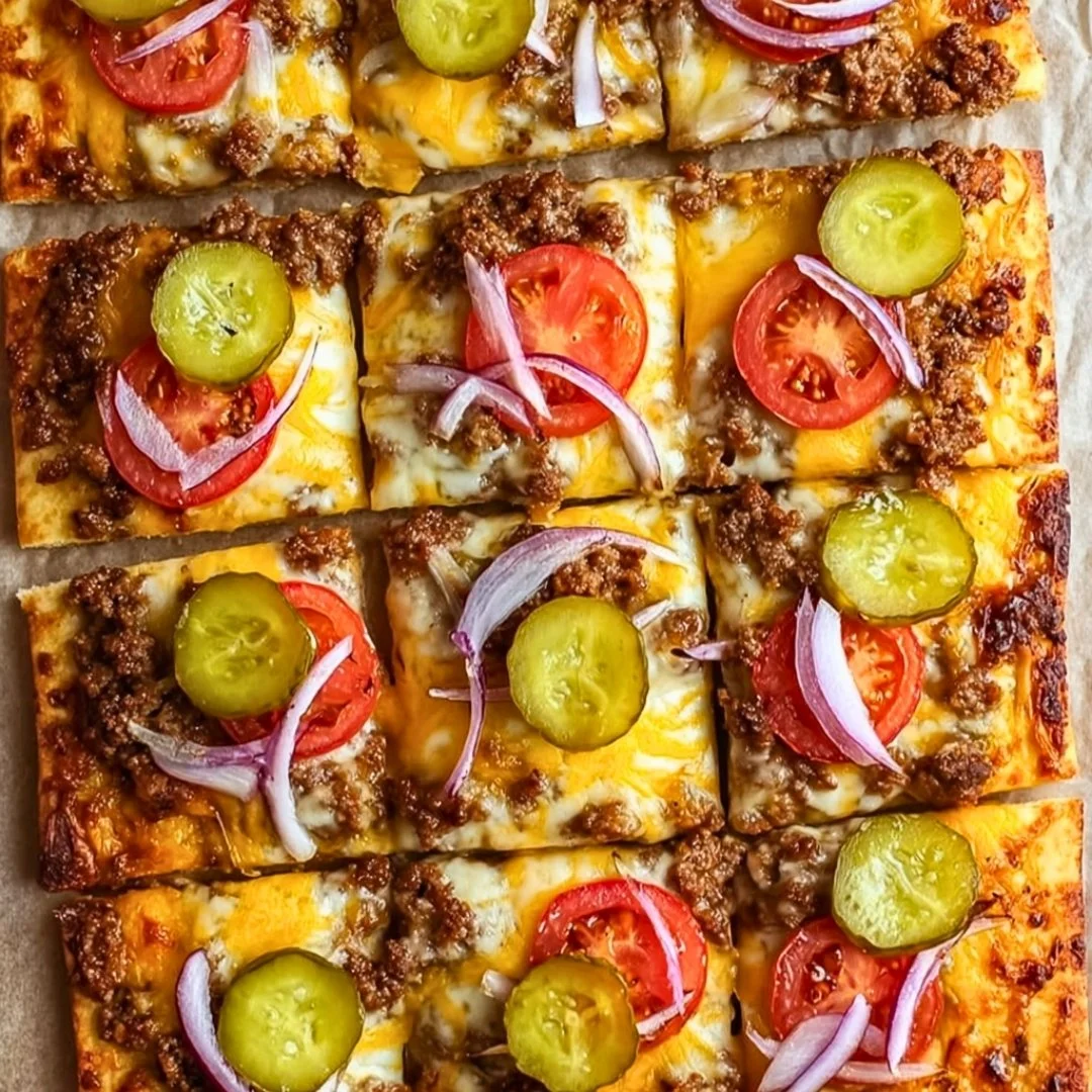 30-Minute cheeseburger flatbreads topped with cheese and fresh ingredients