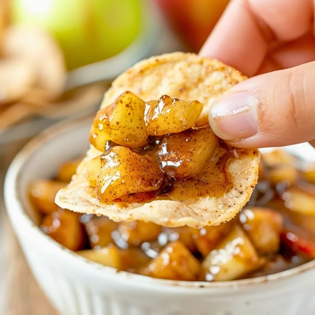 Delicious apple pie dip served with cinnamon sugar tortilla chips