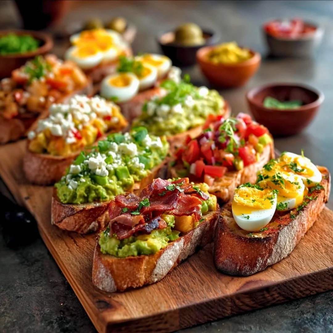 Delicious avocado toast topped with fresh herbs and spices on a wooden table
