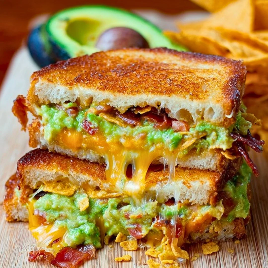 Bacon Guacamole Grilled Cheese Sandwich with melted cheese and crispy bacon