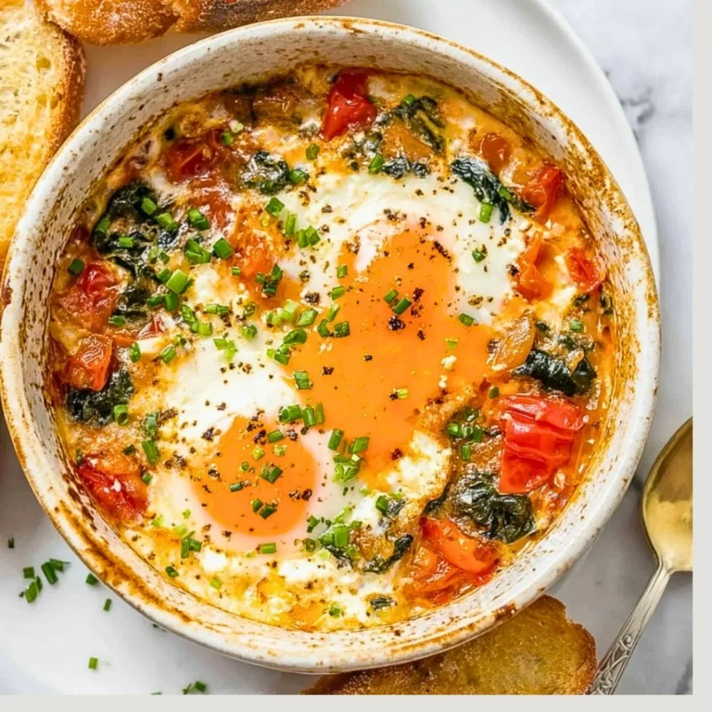 Delicious baked feta eggs with tomatoes and spinach in a serving dish