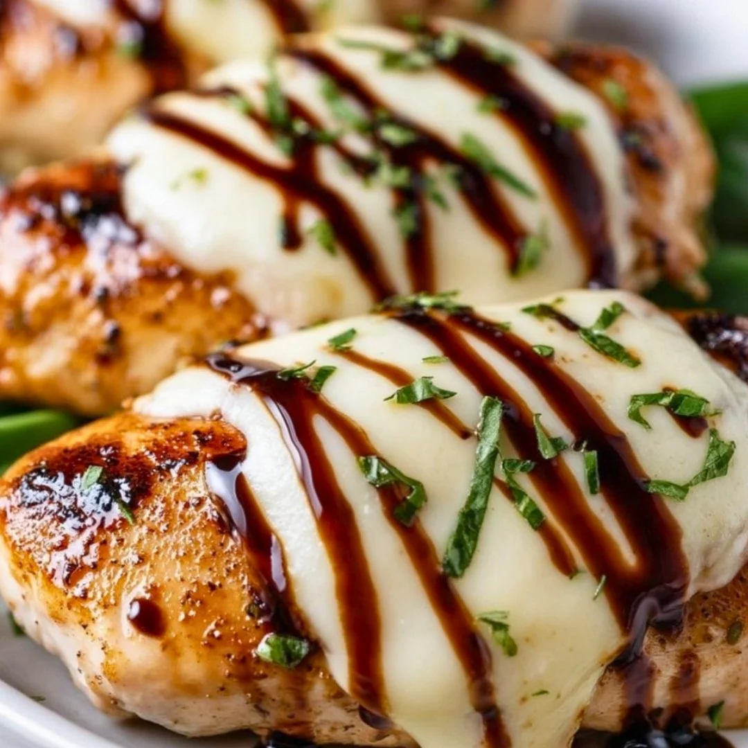 Balsamic baked chicken breast topped with melted mozzarella cheese
