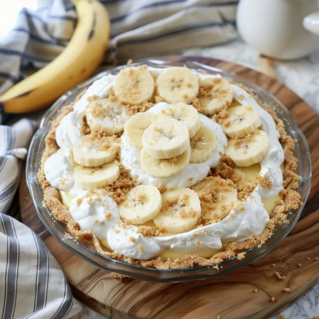Delicious slice of homemade Banana Cream Pie with whipped cream and fresh bananas