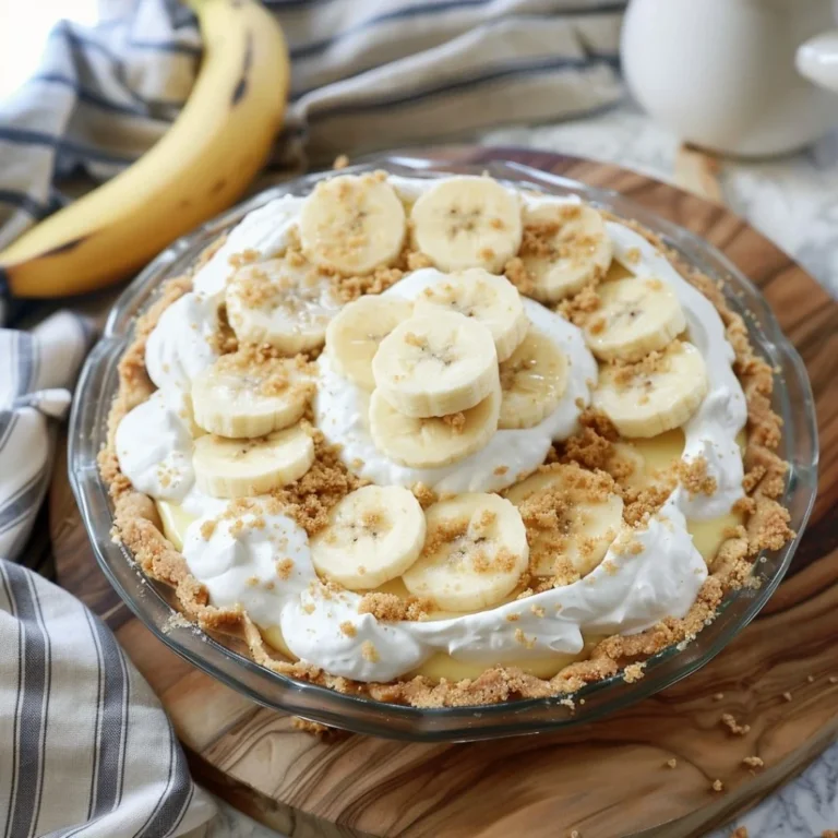 Delicious slice of homemade Banana Cream Pie with whipped cream and fresh bananas