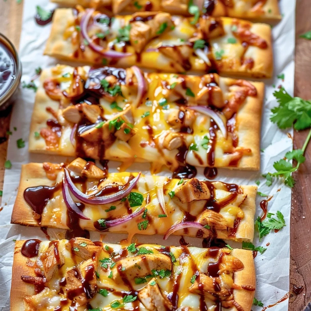 BBQ Chicken Flatbread topped with smoky BBQ sauce, grilled chicken, and fresh vegetables
