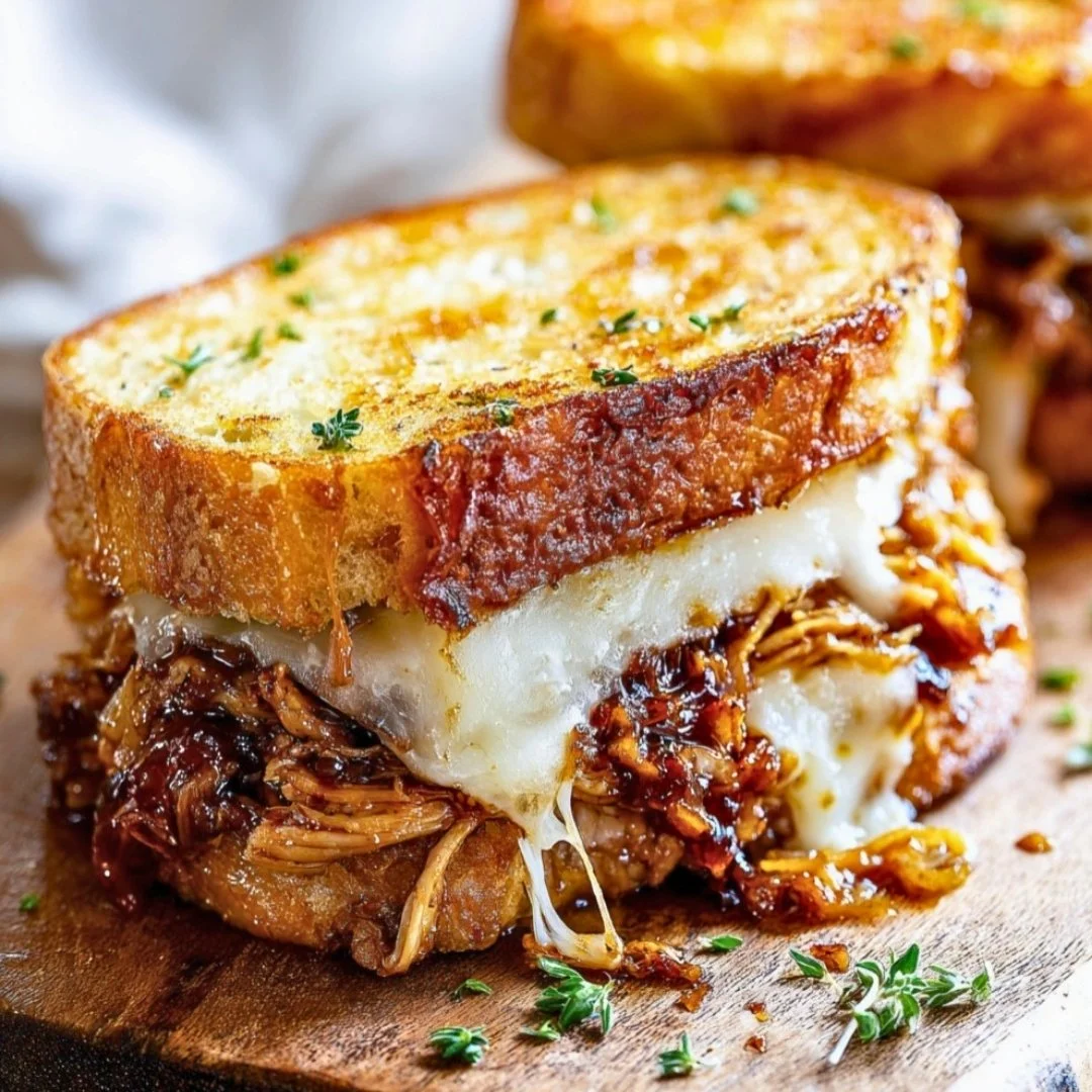 BBQ Chicken Grilled Cheese sandwich with melted cheese and grilled chicken