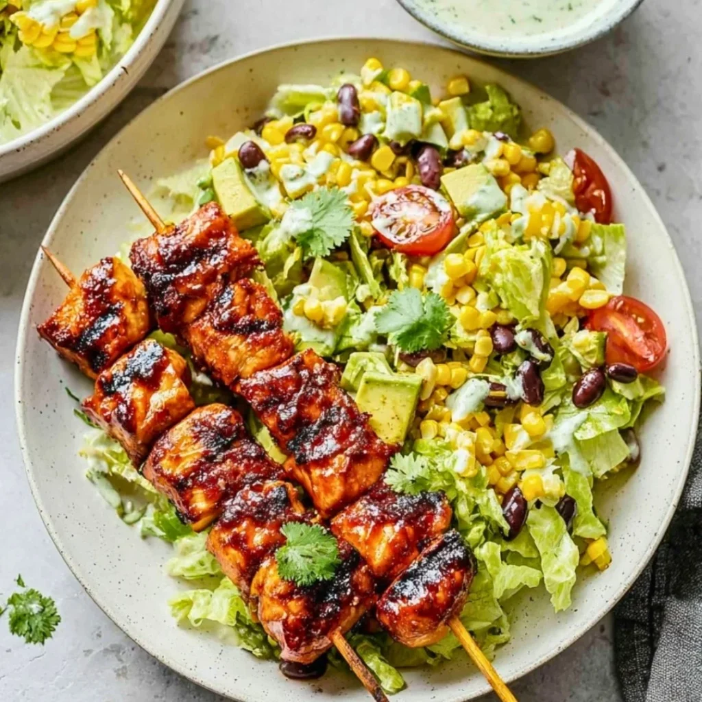BBQ chicken salad with skewers served on a plate, fresh ingredients visible.