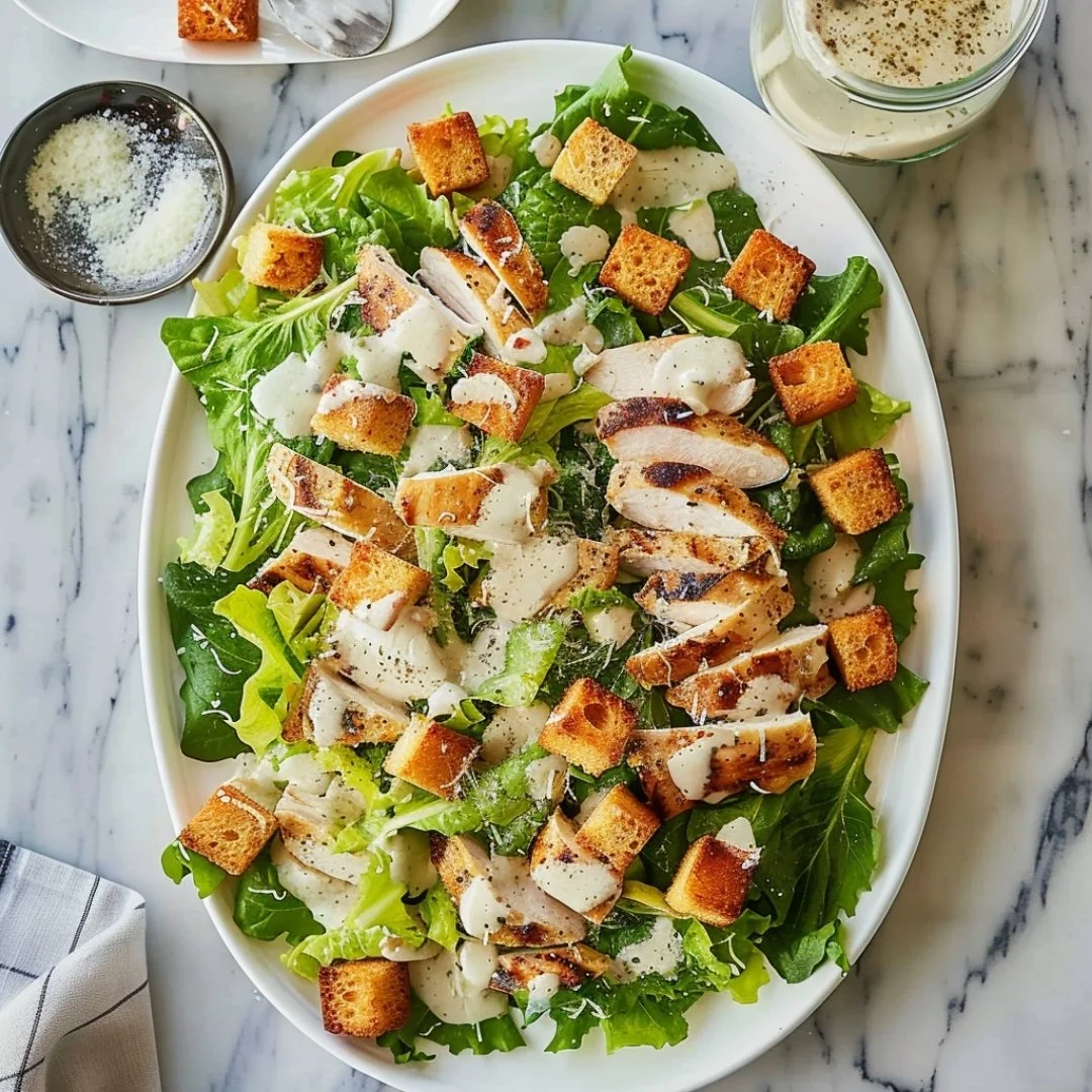 Delicious Chicken Caesar Salad with grilled chicken, romaine lettuce, and parmesan cheese