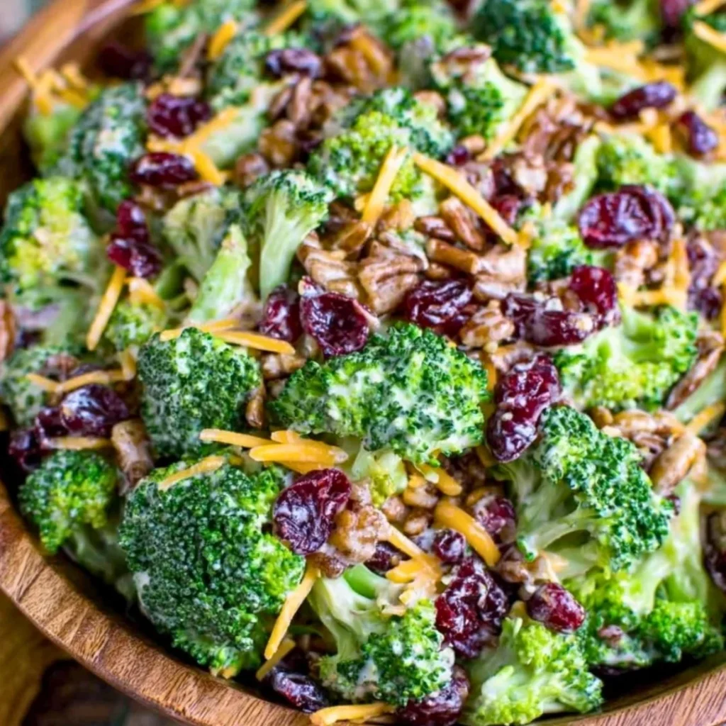 Healthy broccoli salad with fresh vegetables and dressing