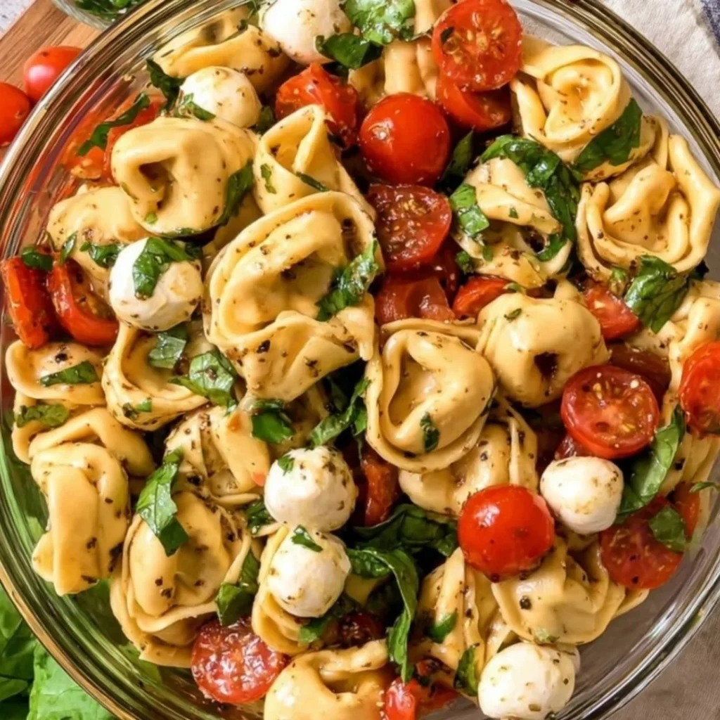 Caprese Salad with Tortellini featuring mozzarella, tomatoes, and basil