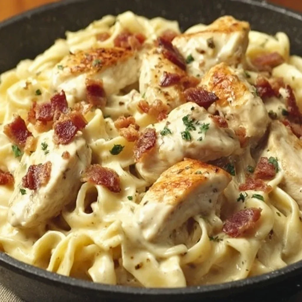Creamy Chicken Bacon Ranch Pasta served in a bowl with garnishments