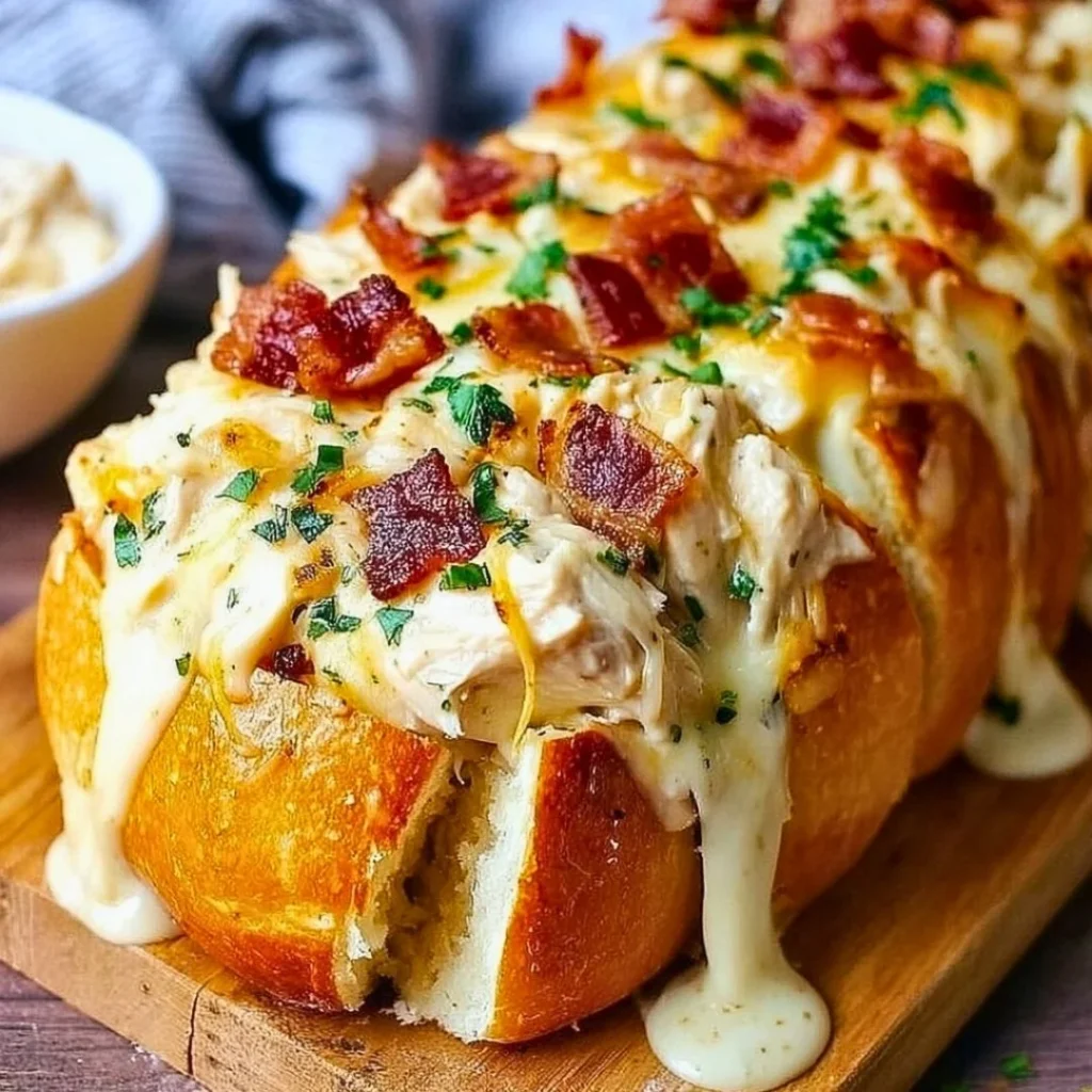 Delicious Chicken Bacon Ranch Stuffed Bread with melted cheese and crispy bacon