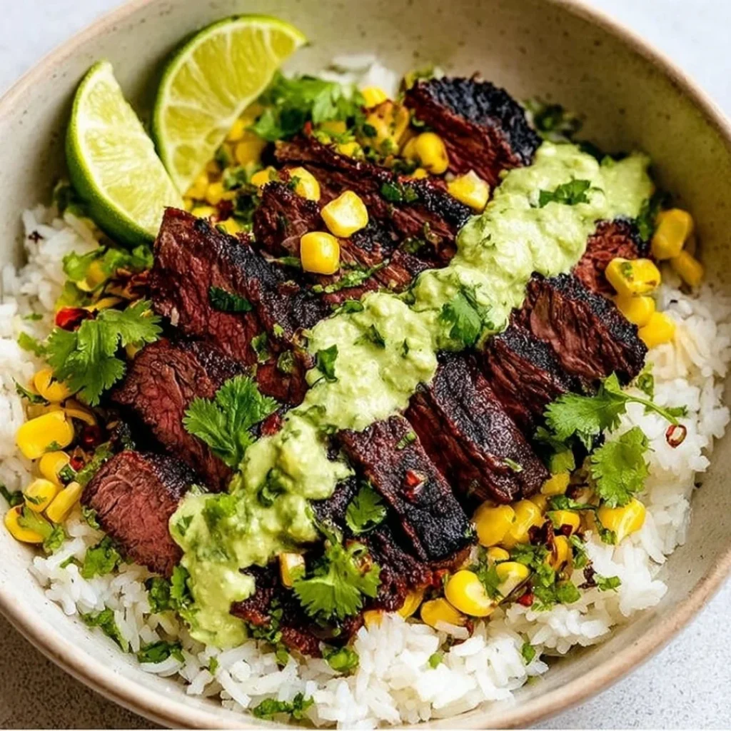 Cilantro lime steak and rice bowls topped with fresh ingredients