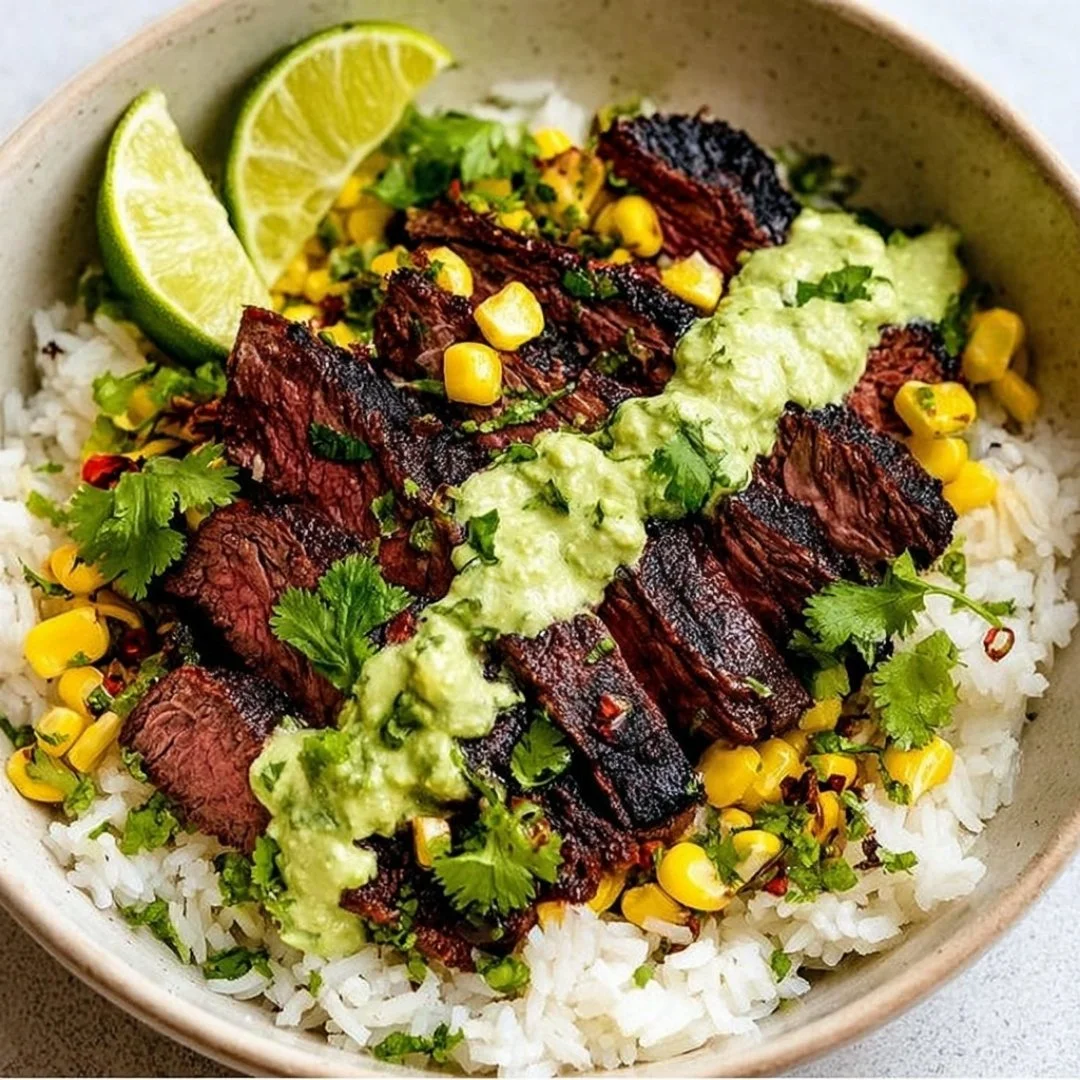 Cilantro lime steak and rice bowls topped with fresh ingredients