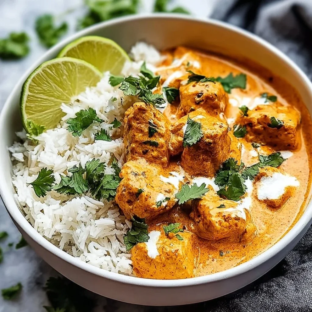 Coconut Chicken Rice Bowl: A creamy and comforting dish garnished with herbs.