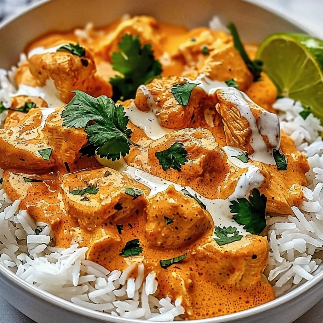 Bowl of creamy Coconut Chicken Rice topped with fresh herbs and vegetables.