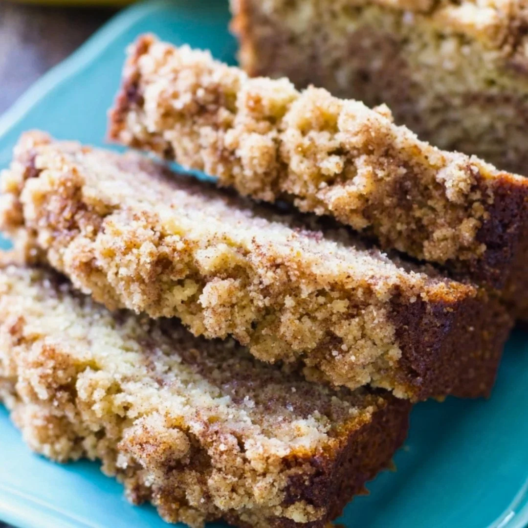 Delicious coffee cake banana bread served on a plate with a cup of coffee