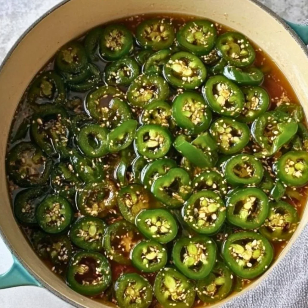 Jars of homemade Cowboy Candy with jalapeños and syrup in a rustic kitchen setting.