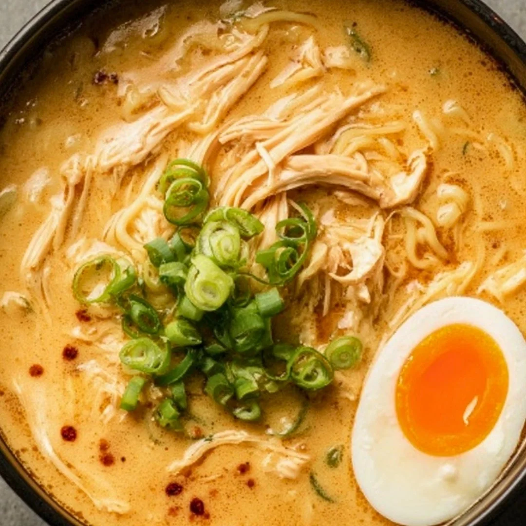 Bowl of creamy chicken ramen soup with vegetables and herbs