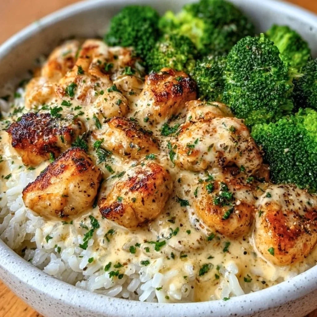 Creamy garlic chicken rice bowls served in a bowl with vegetables and herbs