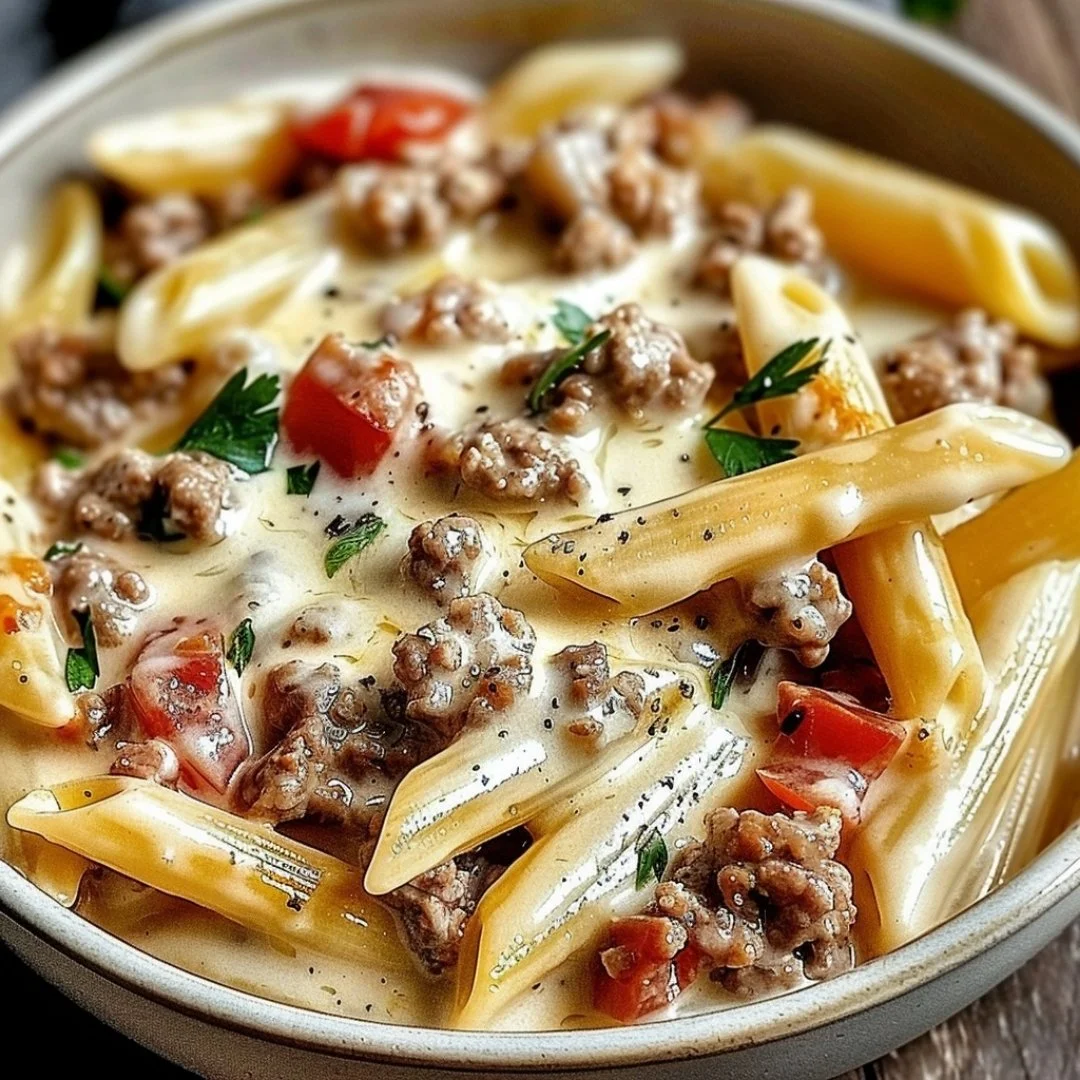 Creamy Rotel pasta with ground beef served in a bowl for weeknight dinner