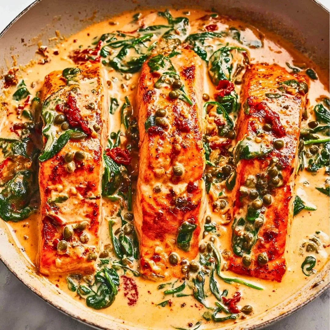 Delicious creamy Tuscan salmon garnished with herbs and served on a plate.