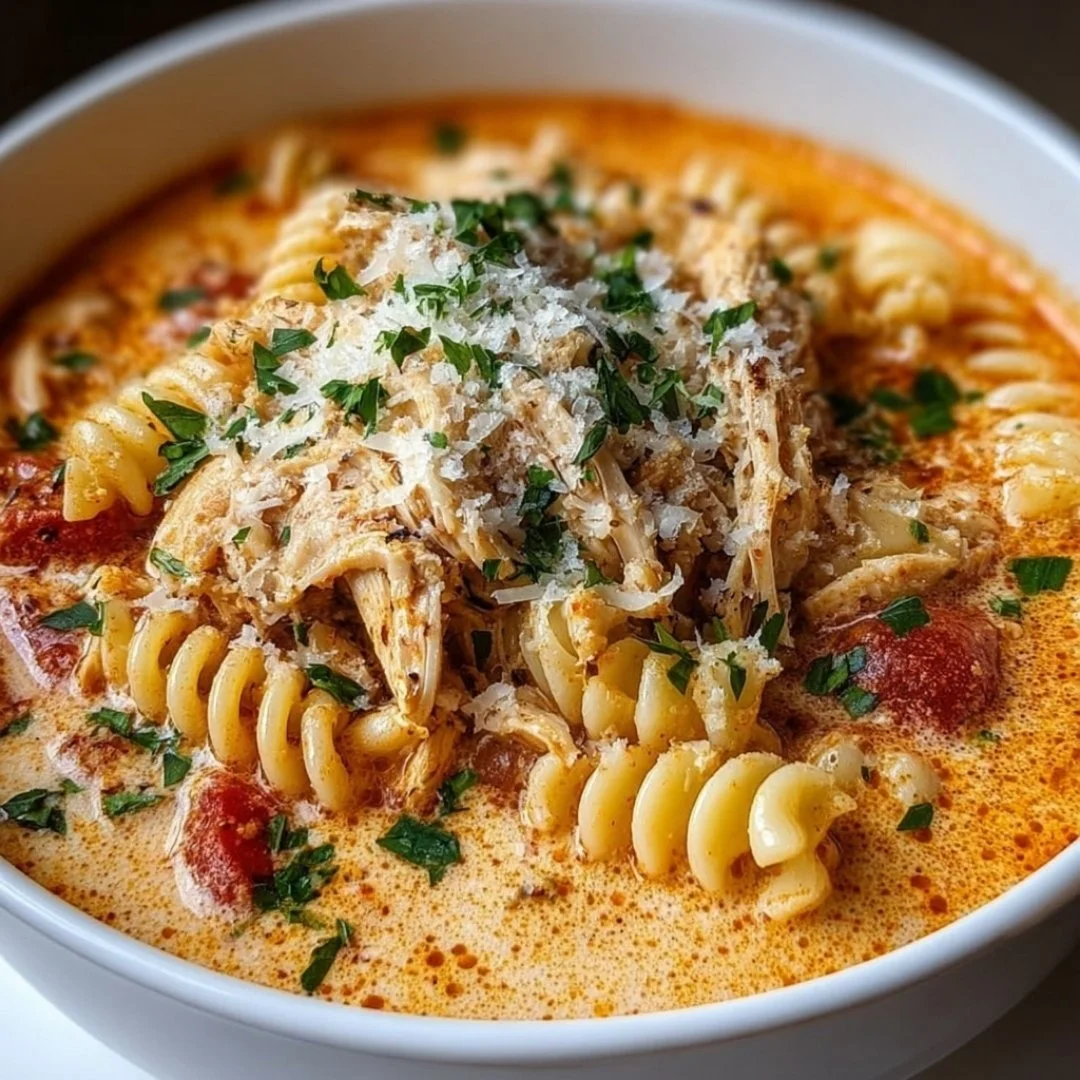 Bowl of creamy Crock Pot chicken parmesan soup with herbs and cheese.