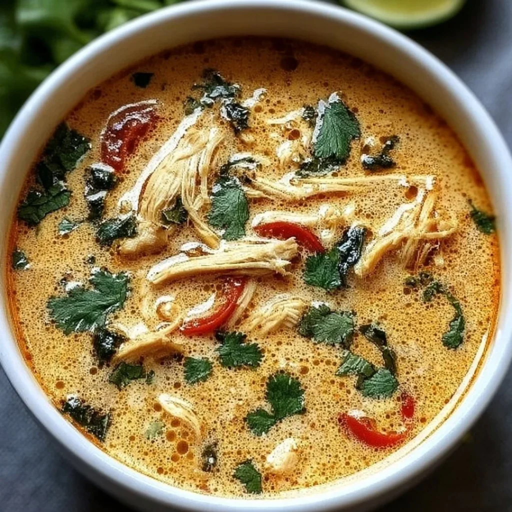 Bowl of Crockpot Thai Coconut Chicken Soup with fresh herbs and spices.