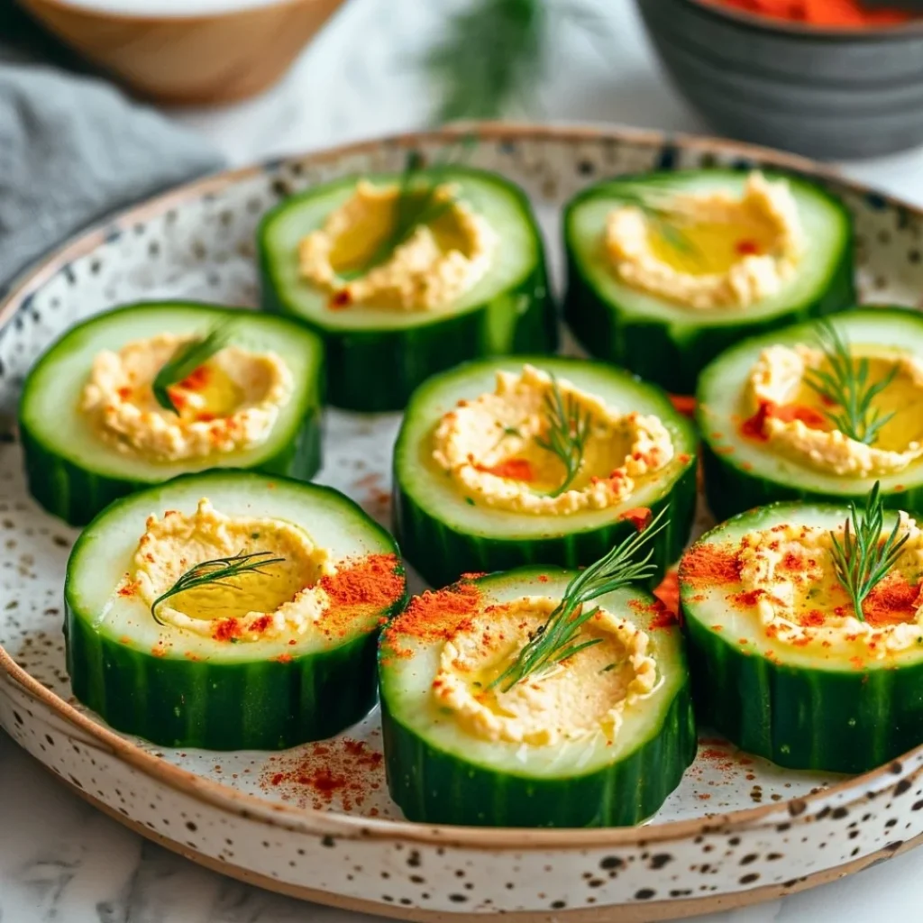 Cucumber Hummus Bites arranged on a platter, ideal healthy appetizer.