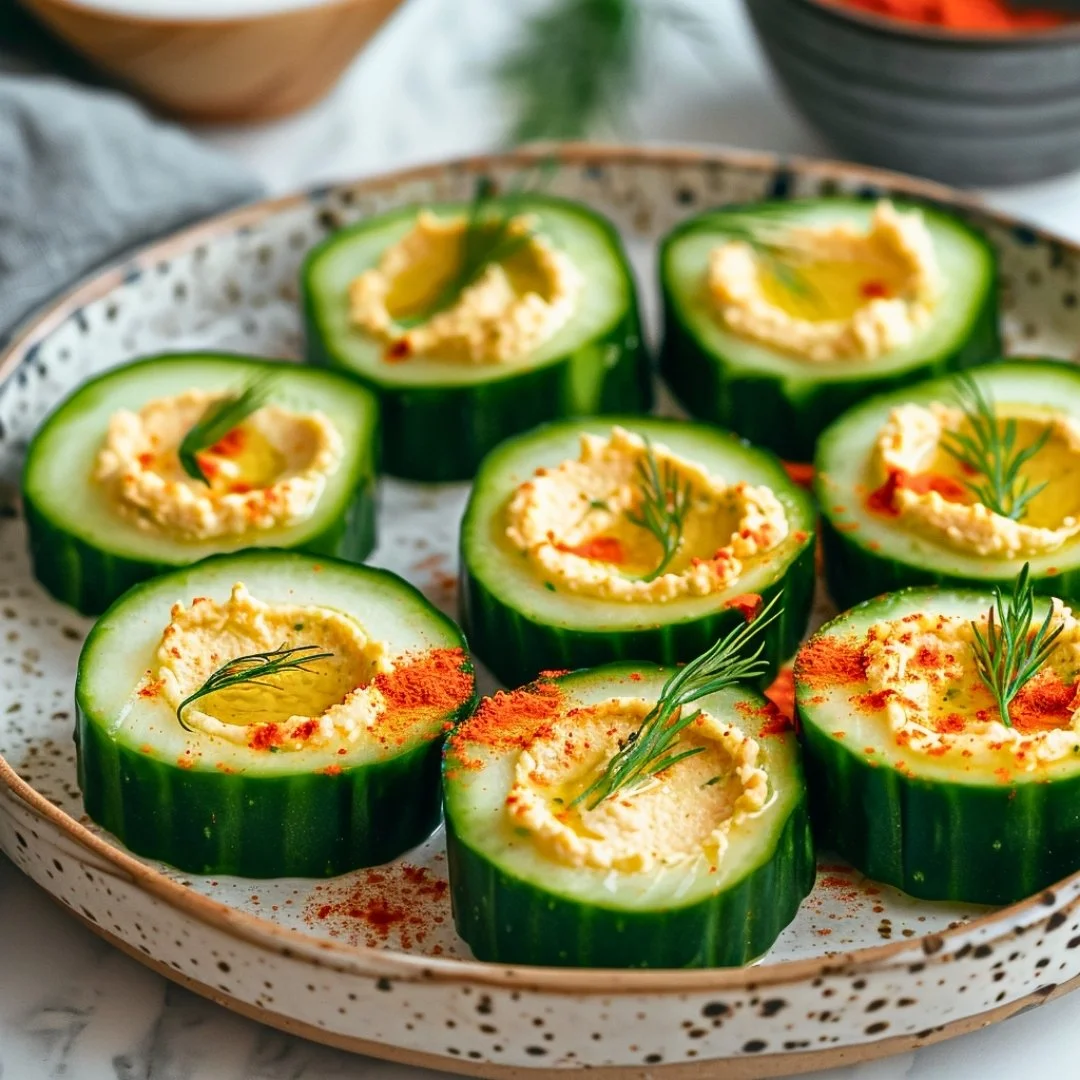 Cucumber Hummus Bites arranged on a platter, ideal healthy appetizer.