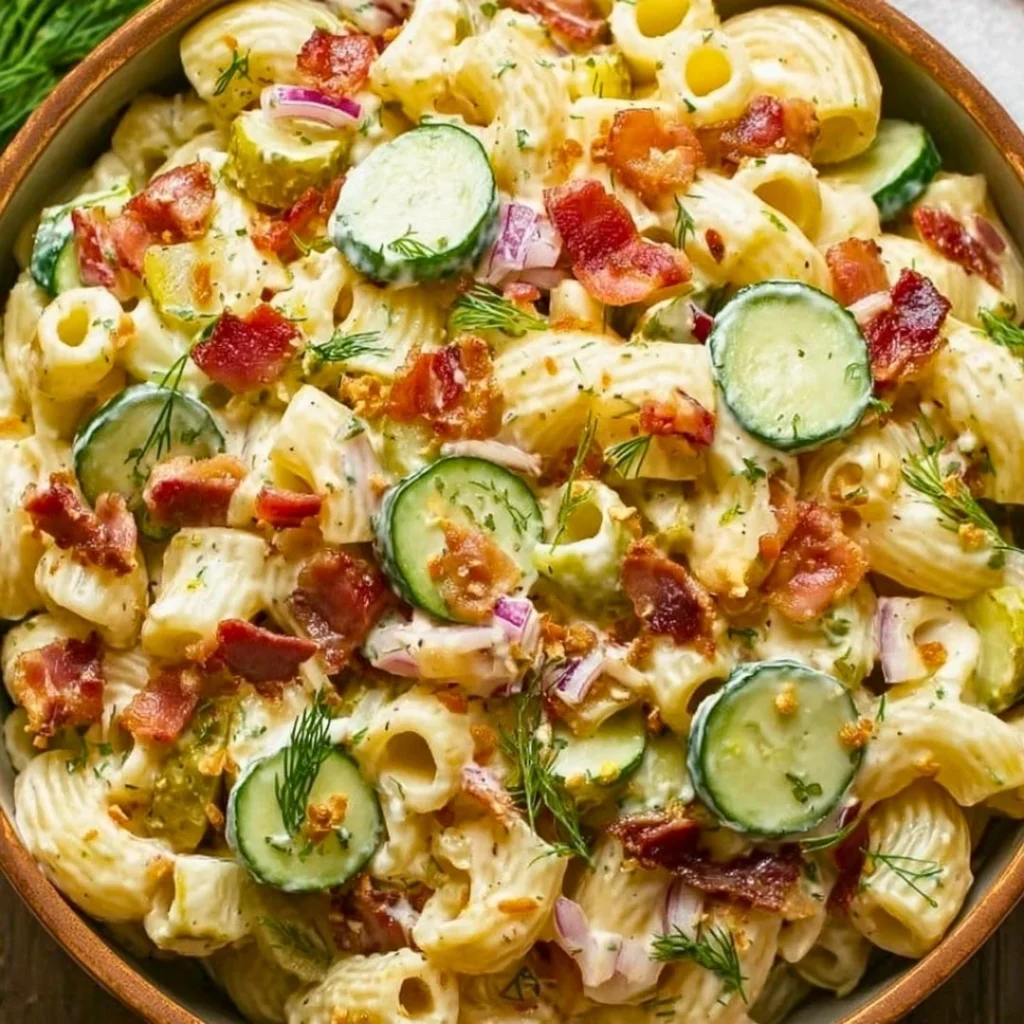 Dill Pickle Bacon Pasta Salad in a vibrant bowl, garnished with herbs