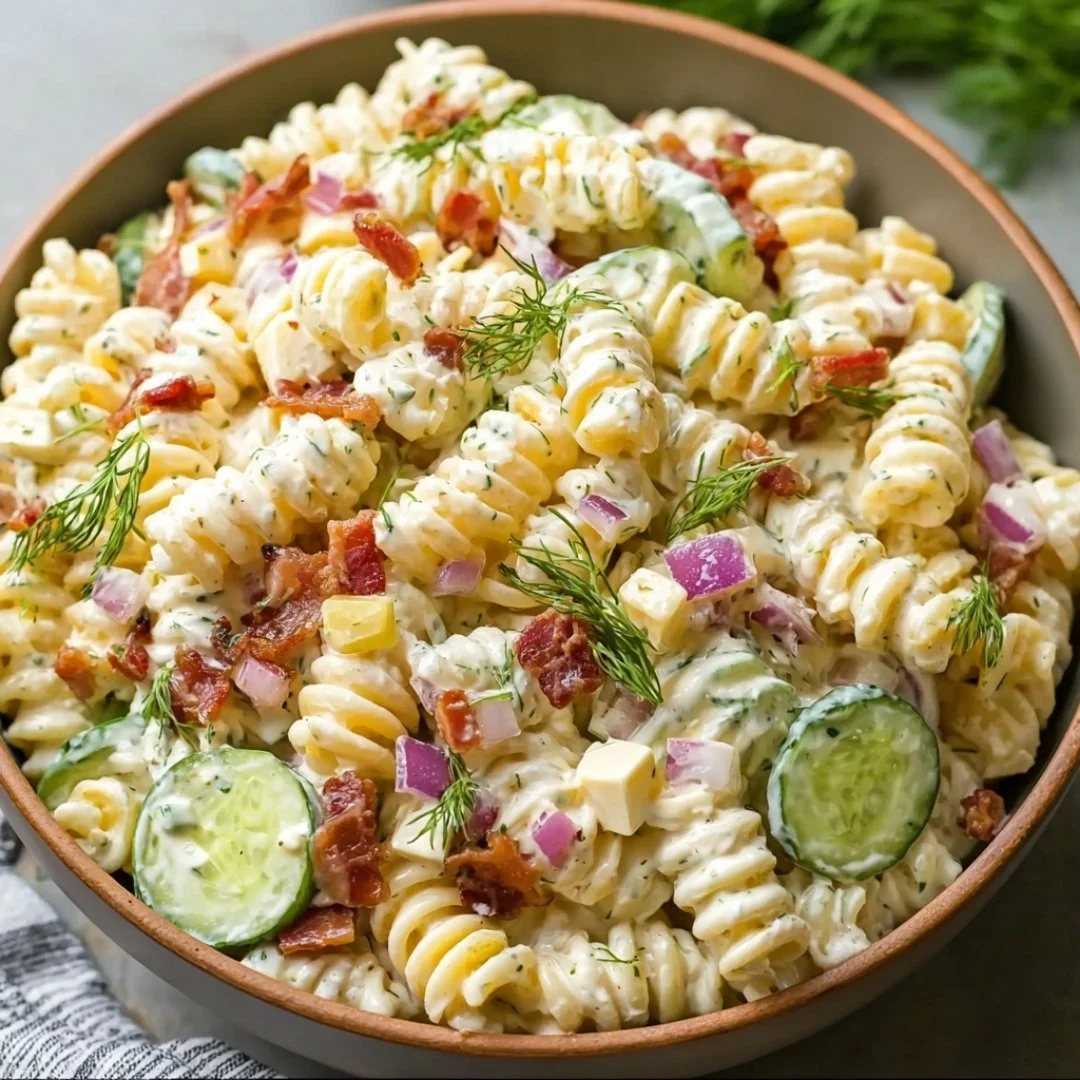 Delicious Dill Pickle Bacon Pasta Salad in a bowl garnished with fresh herbs.