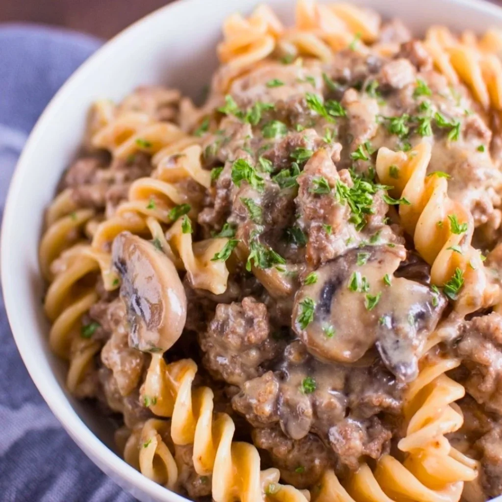 Gluten-free dairy-free ground beef stroganoff served in a bowl