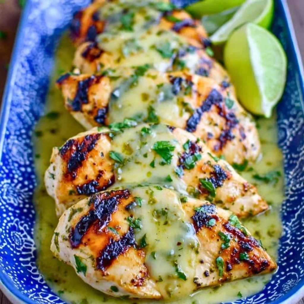 Grilled salsa verde chicken topped with pepper jack cheese on a plate