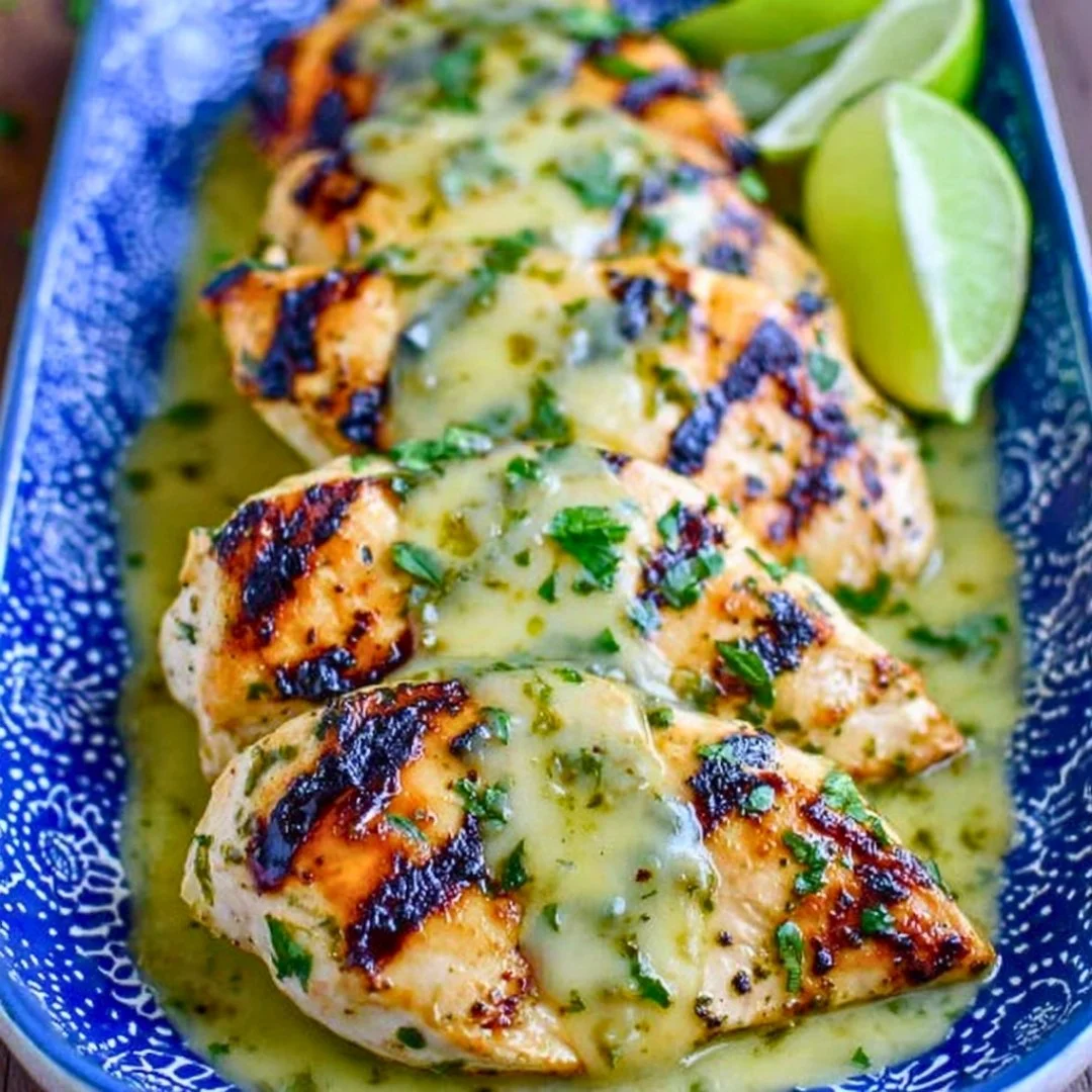 Grilled salsa verde chicken topped with pepper jack cheese on a plate