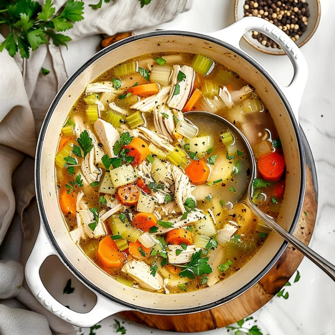 Bowl of homemade chicken soup with vegetables and herbs