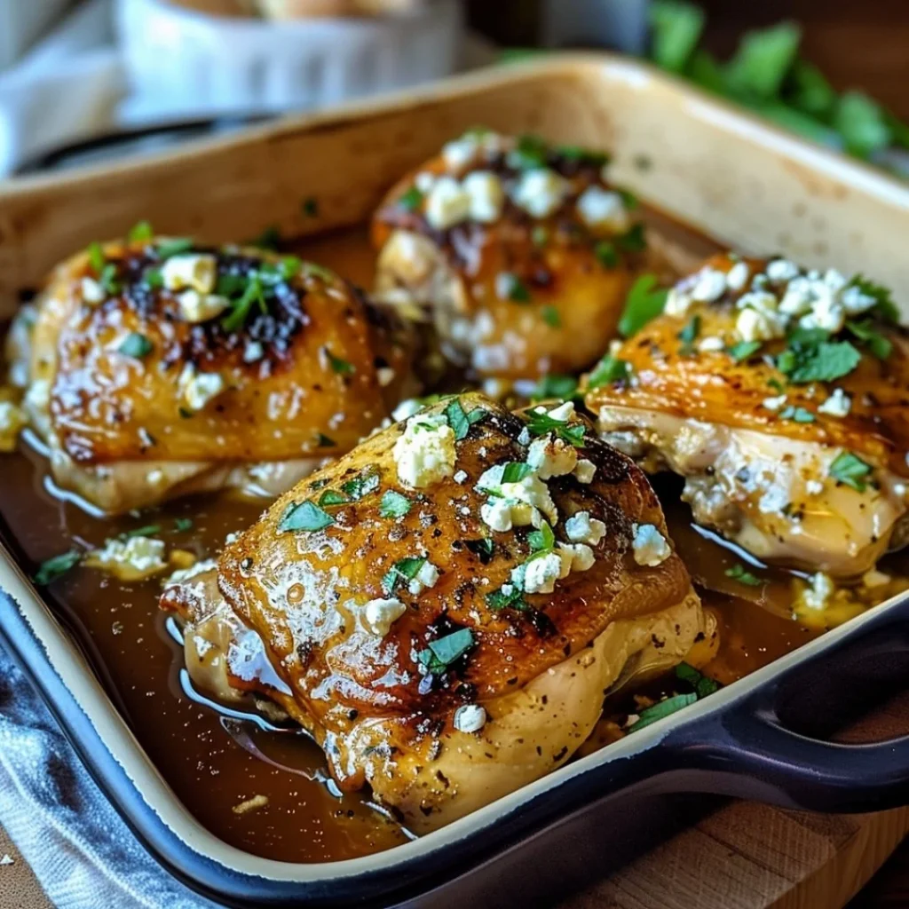 Delicious hot honey feta chicken served on a plate with vibrant garnishes