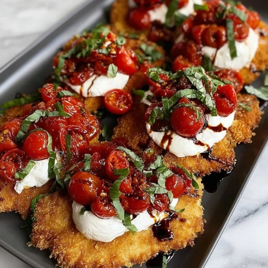 Italian basil chicken cutlets with tomato and burrata topping served on a plate.