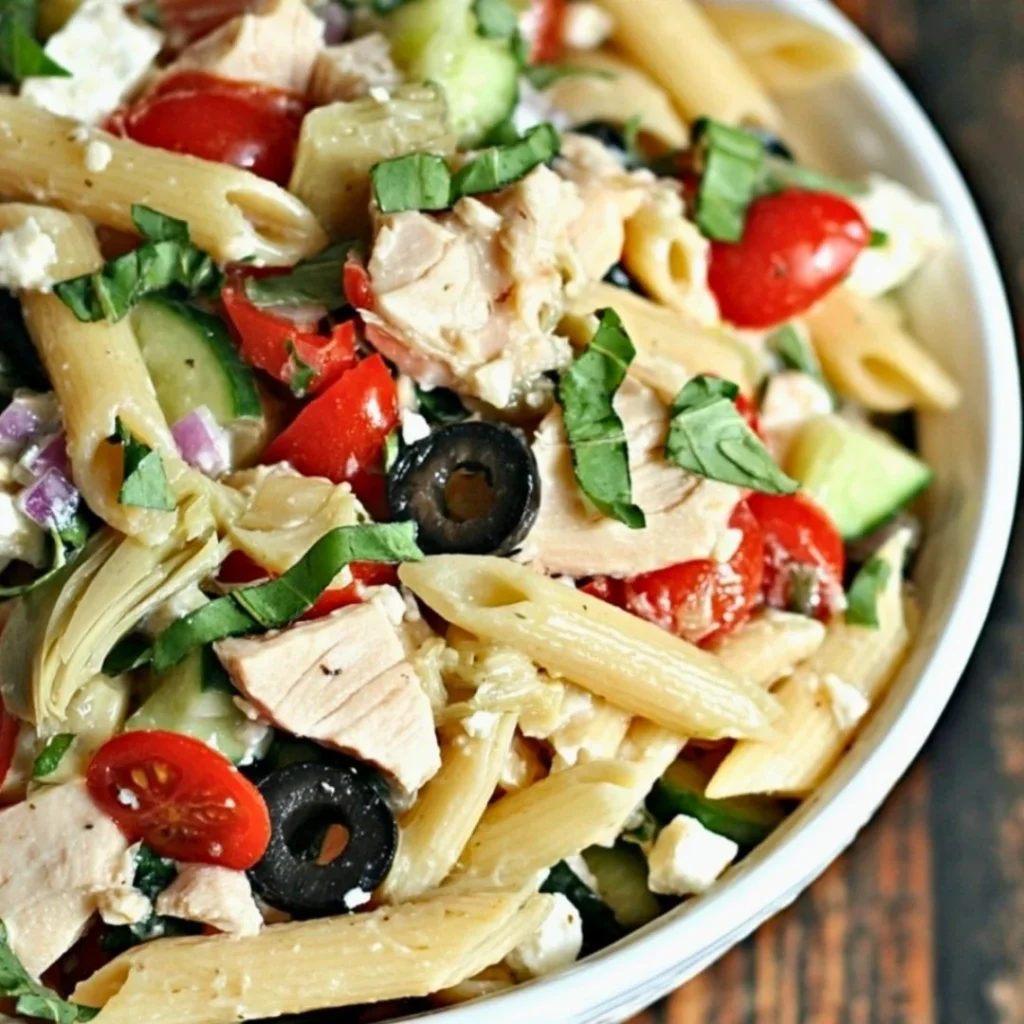 Delicious Italian chicken pasta salad with fresh vegetables and dressing